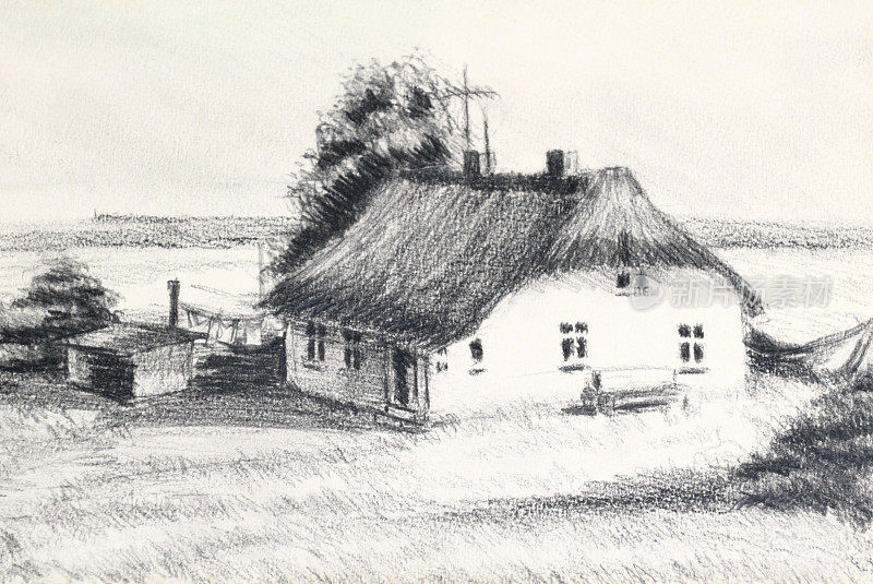 波罗的海的茅草屋/Hiddenssee /Rügen/铅笔画